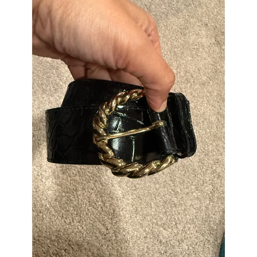 & Other Stories Black Croc Embossed Patent Leather Wide Belt Buckle XS Italy‎